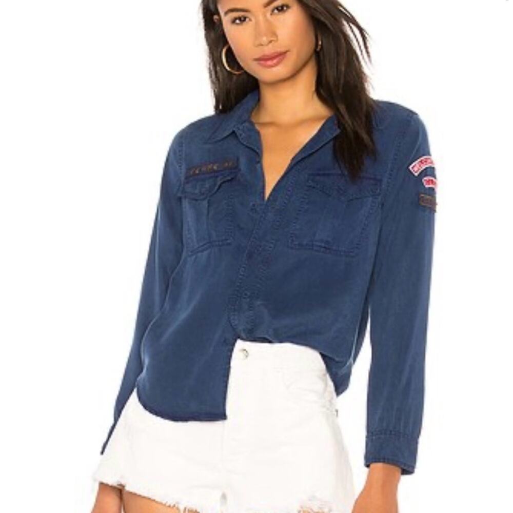 Pam & Gela Women’s Small Blue Button Down Shirt Boy Scout Patches